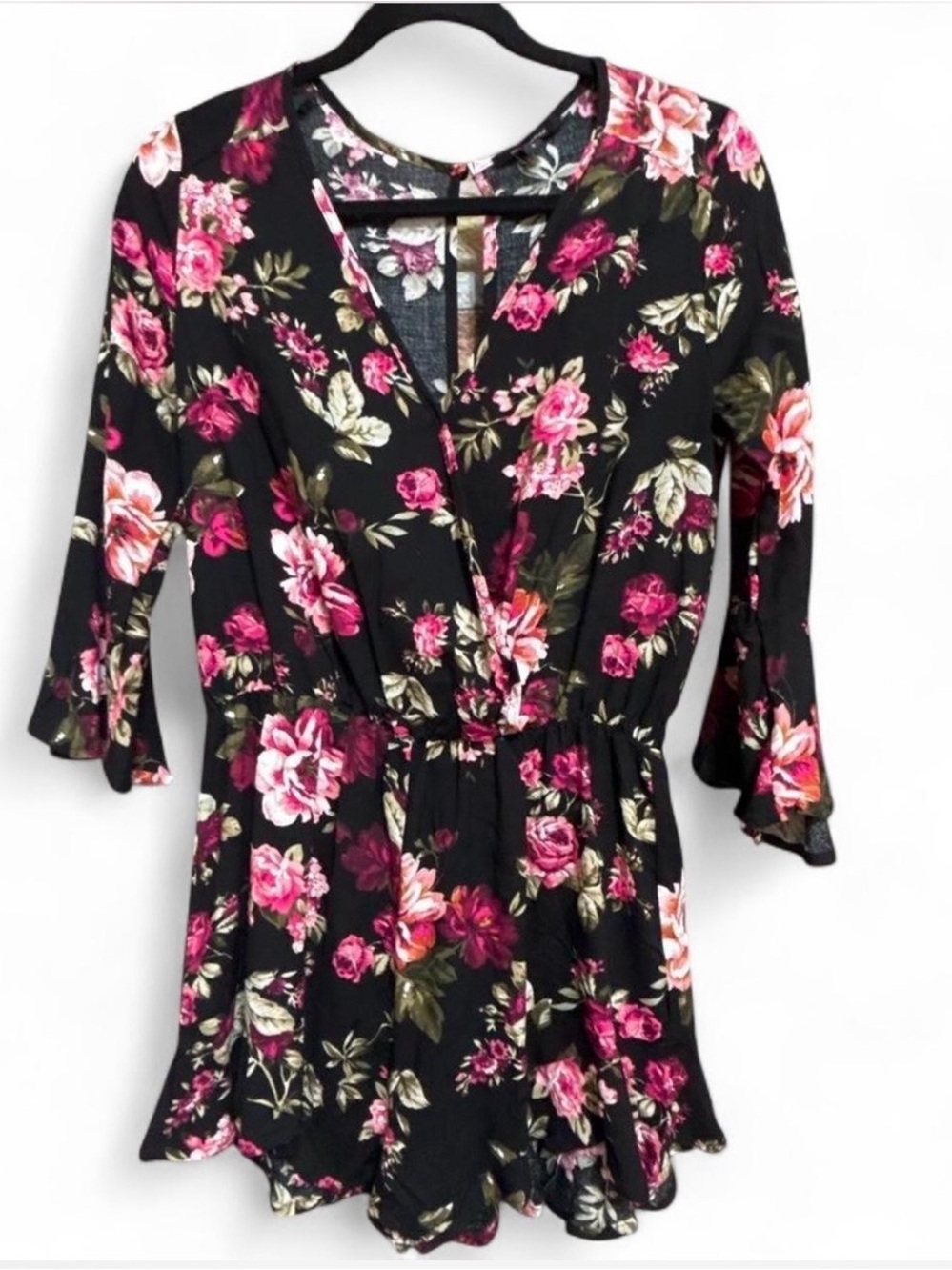 Ambiance Black Tunic Romper with Pink Floral Print Y2K cottagecore coquette